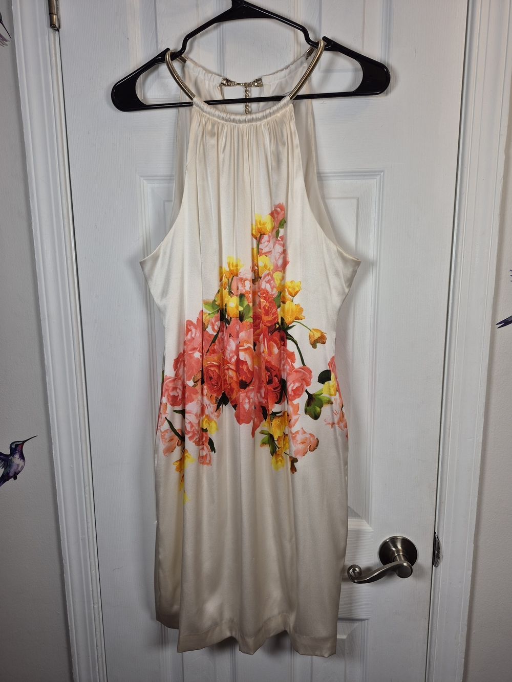 Vintage Caché Silk Floral Halter Midi Dress Gold Chain Y2K Summer Size 14